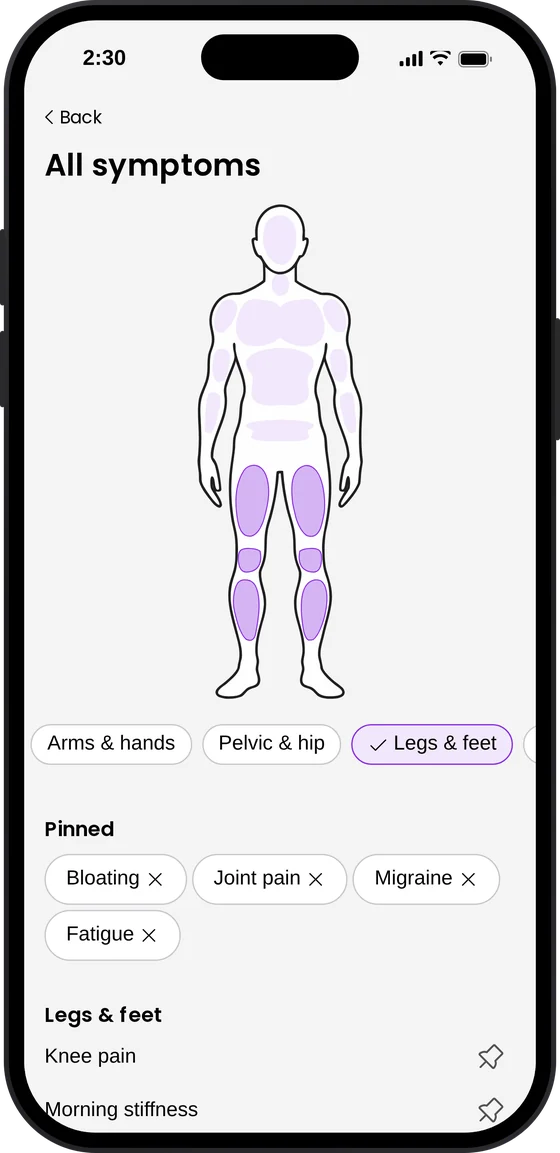 Healthnix app body map for logging symptoms